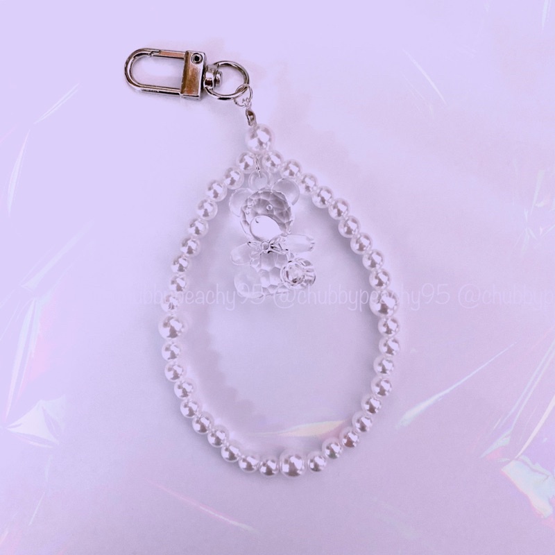 Keyring/Keychain/Móc khoá in ảnh mix dây hạt trai và charm gấu pha lê - Bigbear handmade