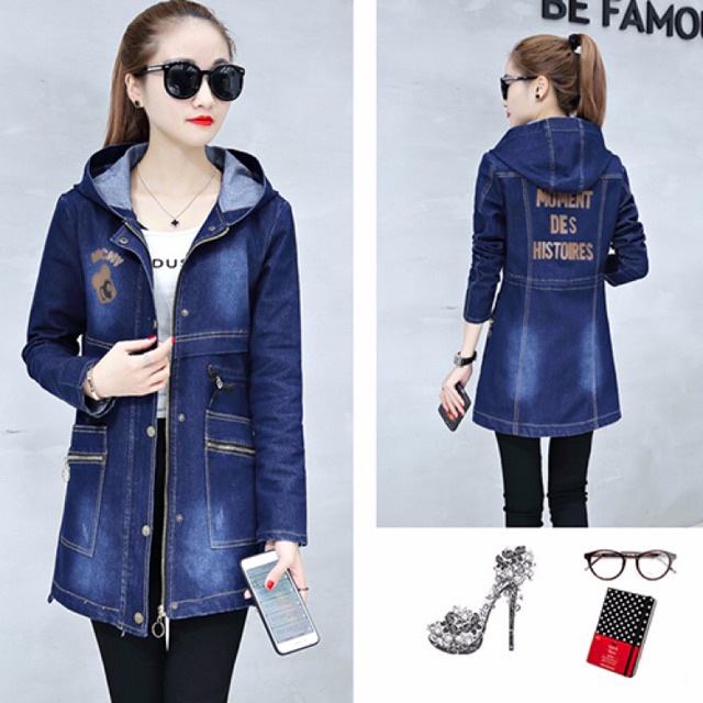 Áo khoác jean form dài có nón trùm in chữ hàng đẹp - Hàng nhập khẩu