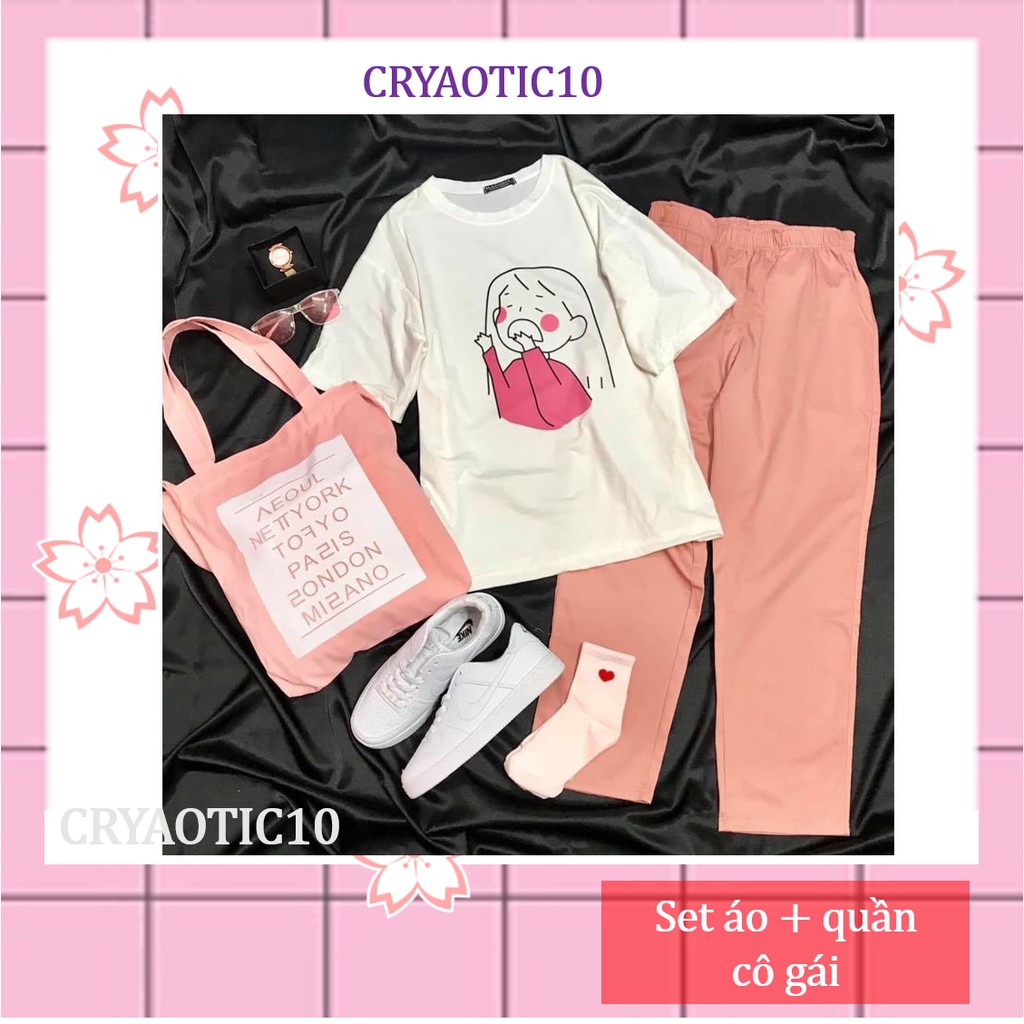 [COMBO TIẾT KIỆM] Set 1 áo tay lửng ulzzang girl Hàn Quốc + 1 quần kaki hồng