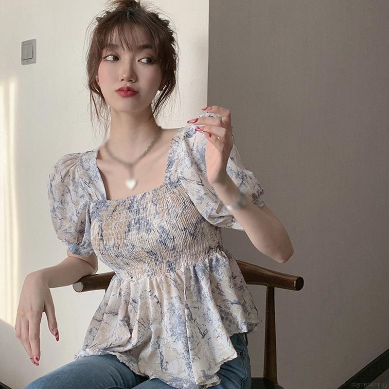 Áo Chiffon Tay Ngắn Cổ Vuông In Hoa Phong Cách Hàn Quốc Ngọt Ngào Cho Nữ