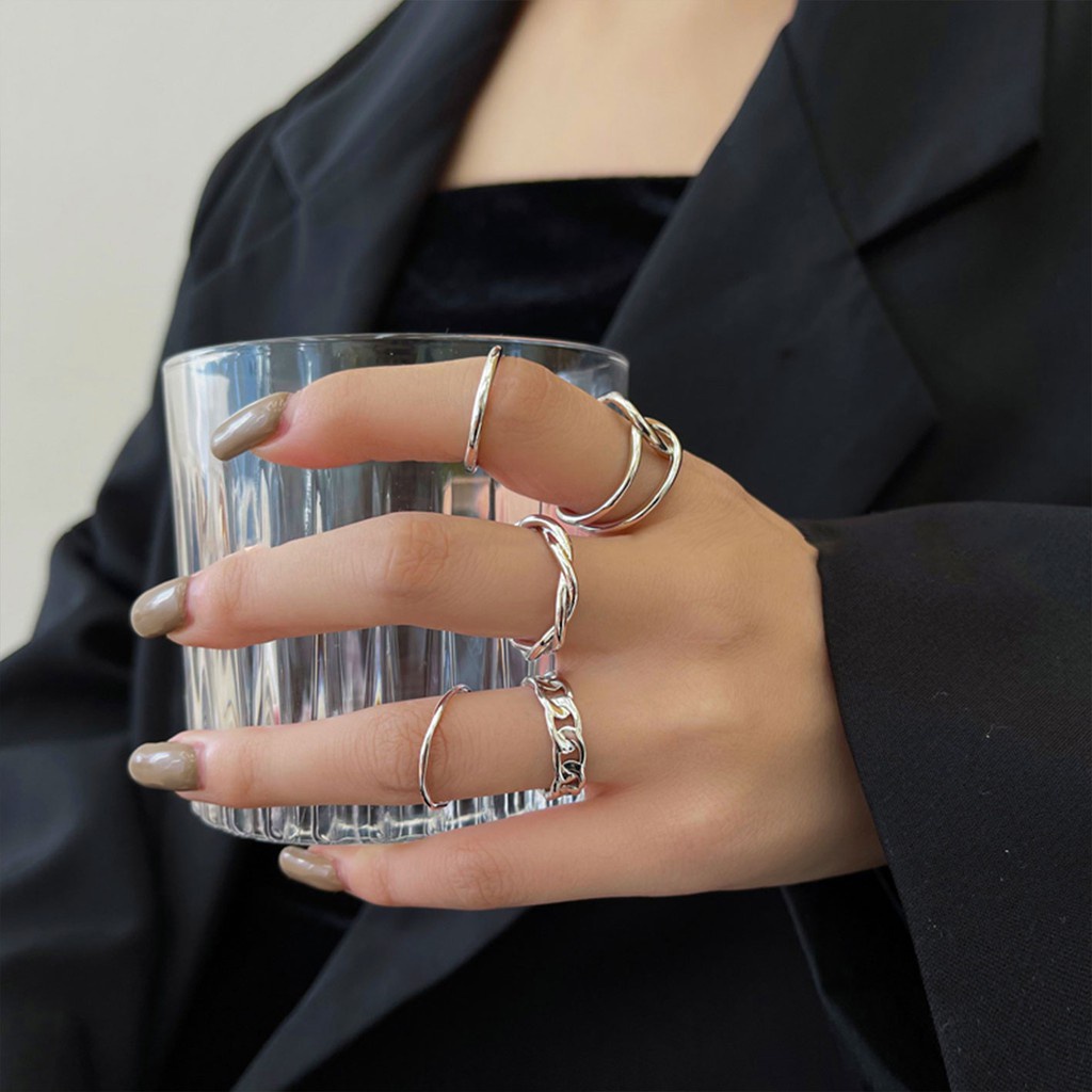 Set 5 nhẫn đeo tay kim loại thiết kế đơn giản thời trang