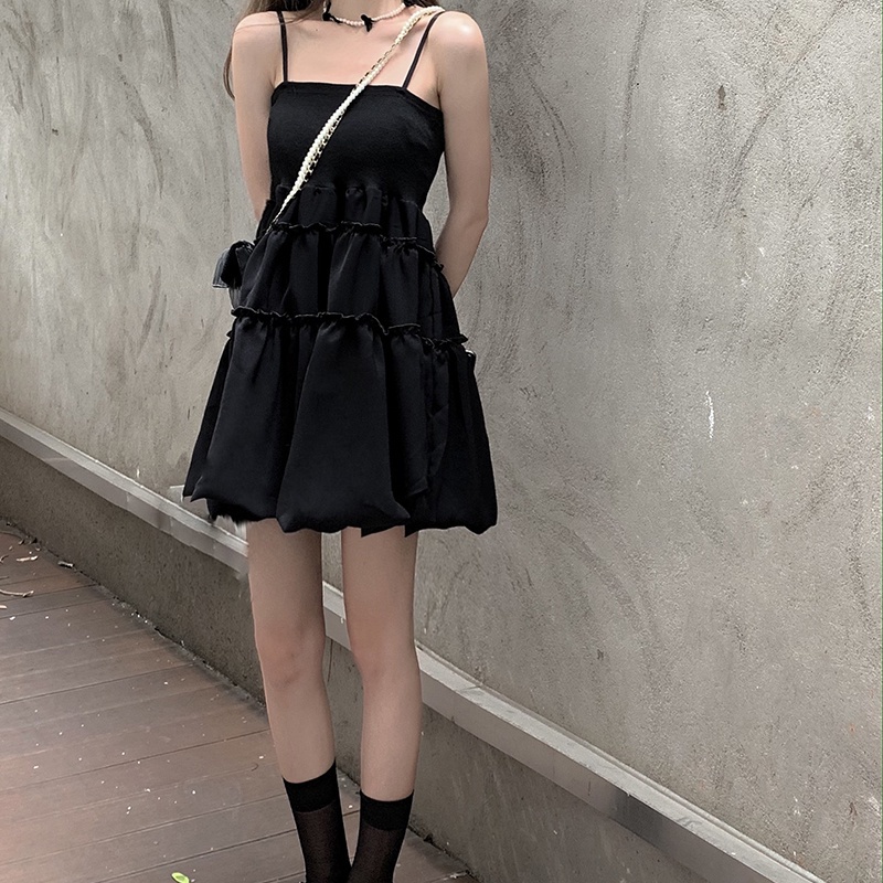 [MURIOKI] Đầm Đen Thiết Kế Hai Dây Phồng 2 Màu Lựa Chọn