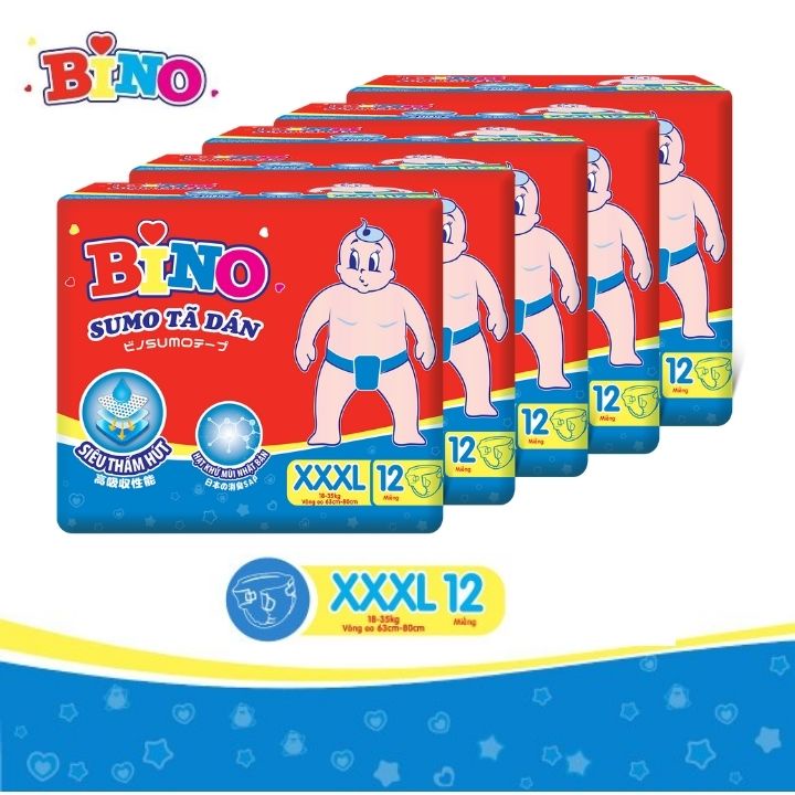 Tã dán Bino Sumo XXXL12 (Cho bé trên 18kg và người gầy) - Công nghệ Nhật Bản lõi siêu thấm hút