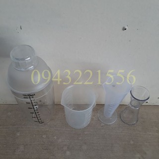 BỘ 4 DỤNG CỤ ĐONG PHA CHẾ (SHAKER 700 ML IN, LY 100ML, LY 250M, LY 2 ĐẦU)