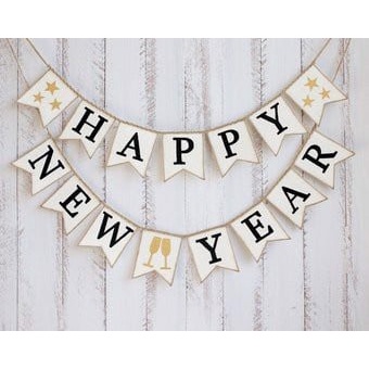Dây cờ Happy New Year màu trắng chư đen dcny03