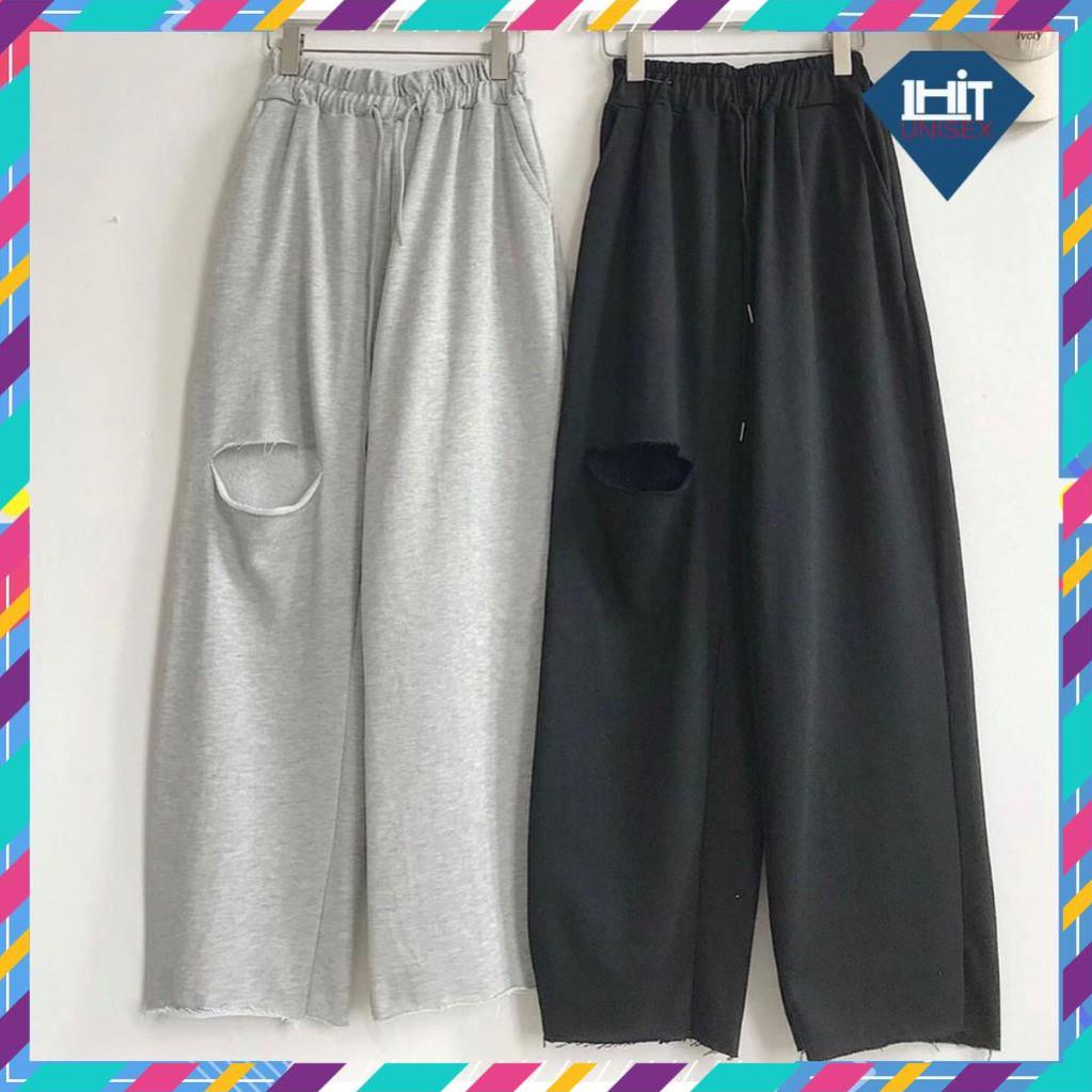 Quần Nỉ Ống Rộng Rách Gối IRU Unisex Unisex (Đen/Xám) new 2023