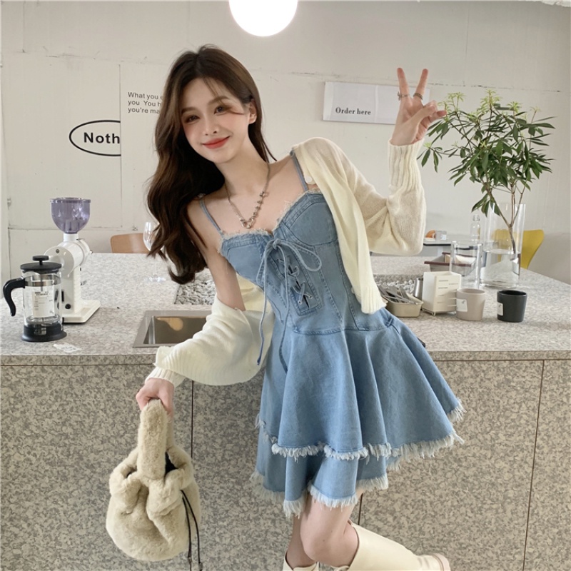 Chân Váy Denim Thiết Kế Cột Dây Phong Cách Retro Hợp Thời Trang