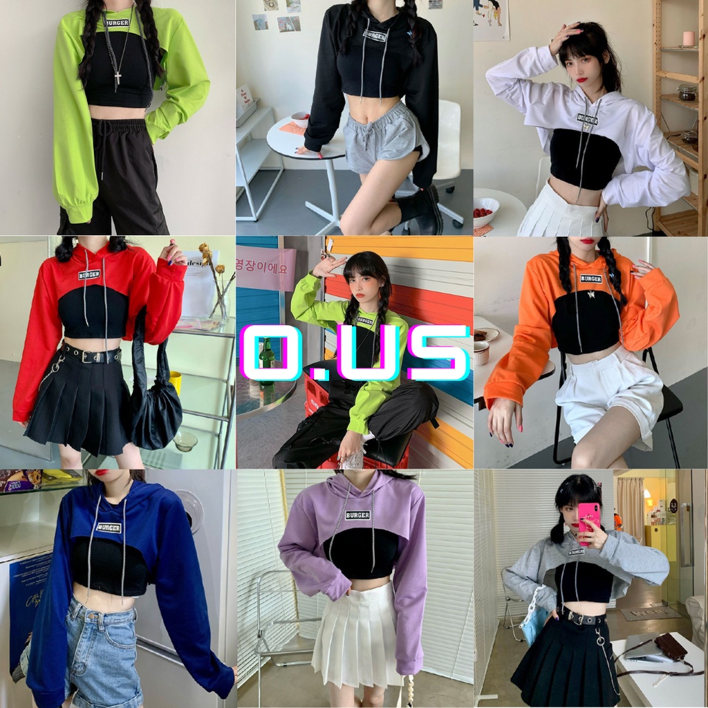 Áo hoodie croptop hở ngực dài tay có mũ