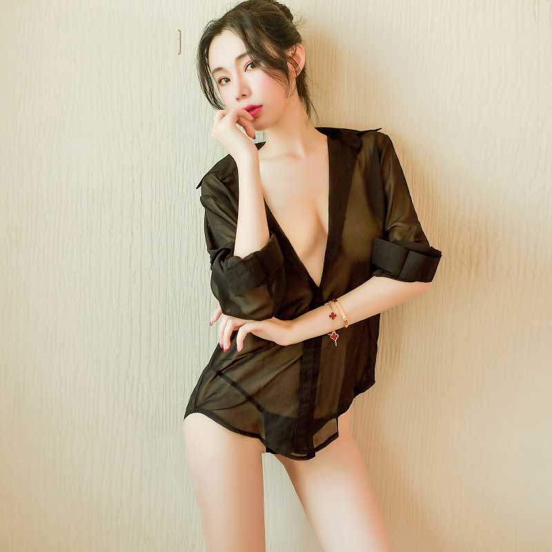 Đồ ngủ sexy nữ gợi cảm áo sơ mi hai màu đen trắng kèm quần lót lọt khe 1654 | BigBuy360 - bigbuy360.vn