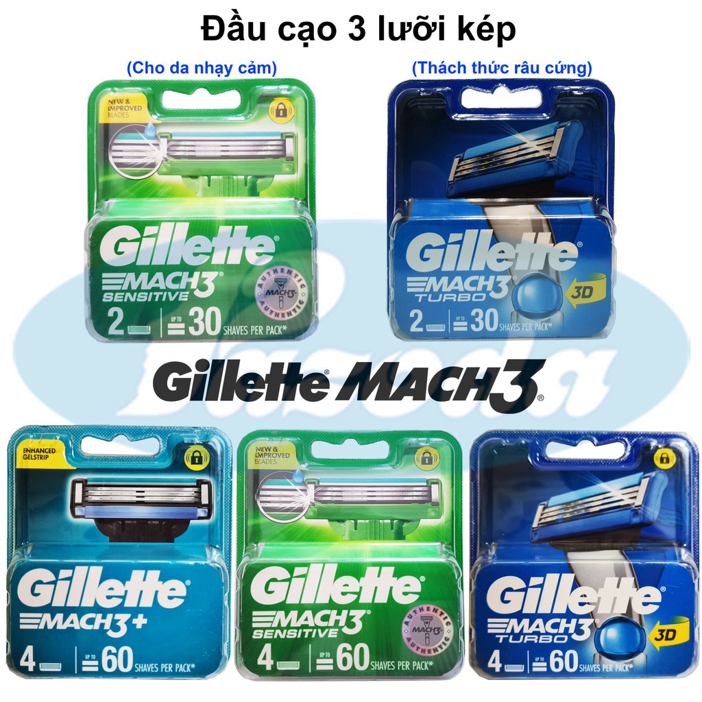 Hộp lưỡi dao cạo râu Gillette Mach3/ Sensitive/ Turbo 3D (Đầu cạo 3 lưỡi kép)