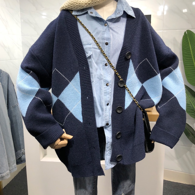 Áo Khoác Cardigan Dáng Rộng Họa Tiết Sọc Caro Thời Trang Hàn Quốc
