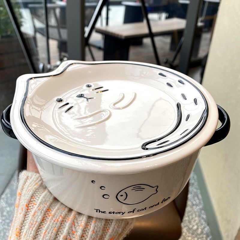 Bát Ăn Mì/Súp Bằng Sứ Cỡ Lớn Có Nắp Đậy Màu Cầu Vồng Dành Cho Học Sinh Kí Túc Xá 6.9