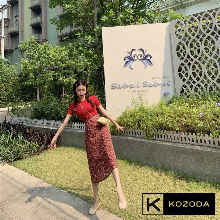Chân váy hoa nhí vintage 2 lớp dáng dài đen đỏ hồng Kozoda CV24 | BigBuy360 - bigbuy360.vn