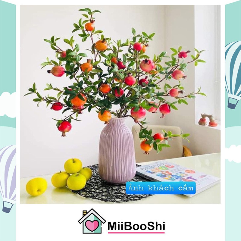 Hoa giả để bàn decor chụp ảnh cành lựu giả may mắn phú quý tài lộc quả to đẹp cao 90 cm MiibooShi S075