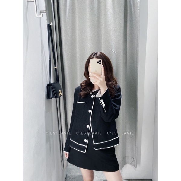 Áo tweed đen viền trắng cúc bọc | BigBuy360 - bigbuy360.vn