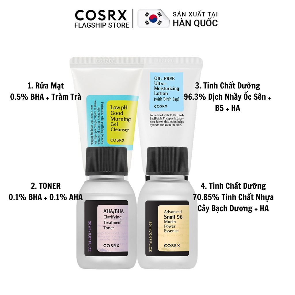 Bộ Chăm Sóc Da Mụn COSRX: Gel Rửa Mặt 20ml + Nước Hoa Hồng AHA/BHA 20ml + Tinh Chất Ốc Sên 20ml + Sữa Dưỡng Ẩm 20ml