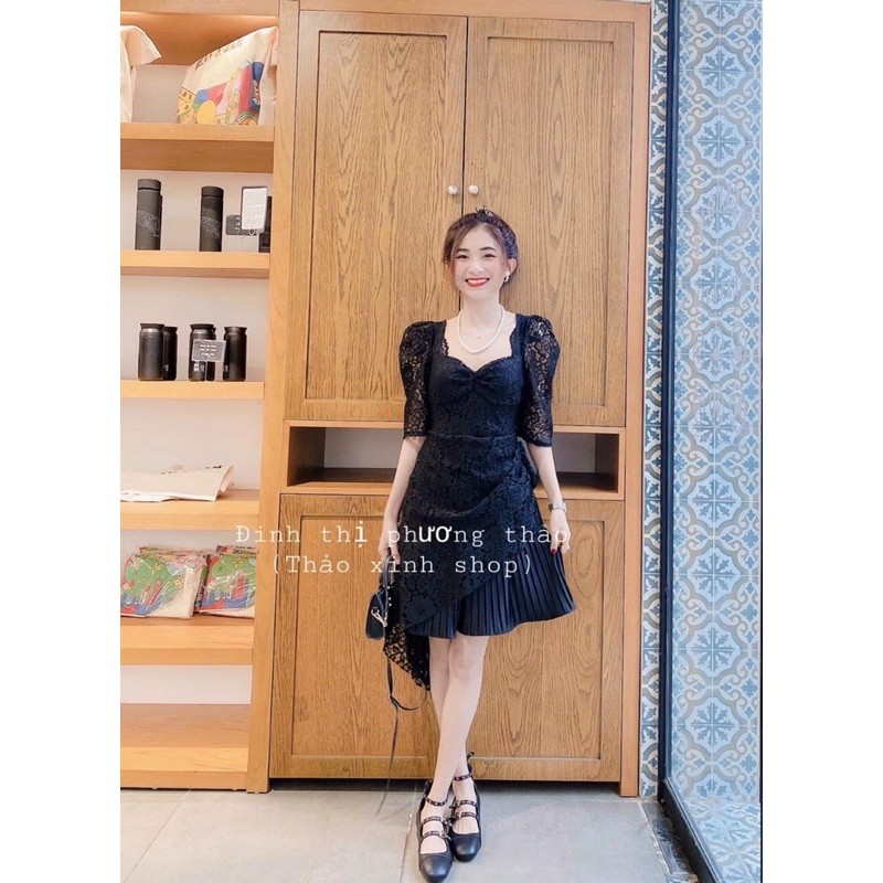Đầm xòe ren tay ngắn cổ U vạt xéo [TH5704]