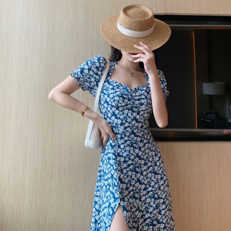 IELGYĐầm Hoa Cổ Vuông Dáng Ôm Xẻ Tà Phối Nút Thời Trang Hàn Quốc Cổ Điển