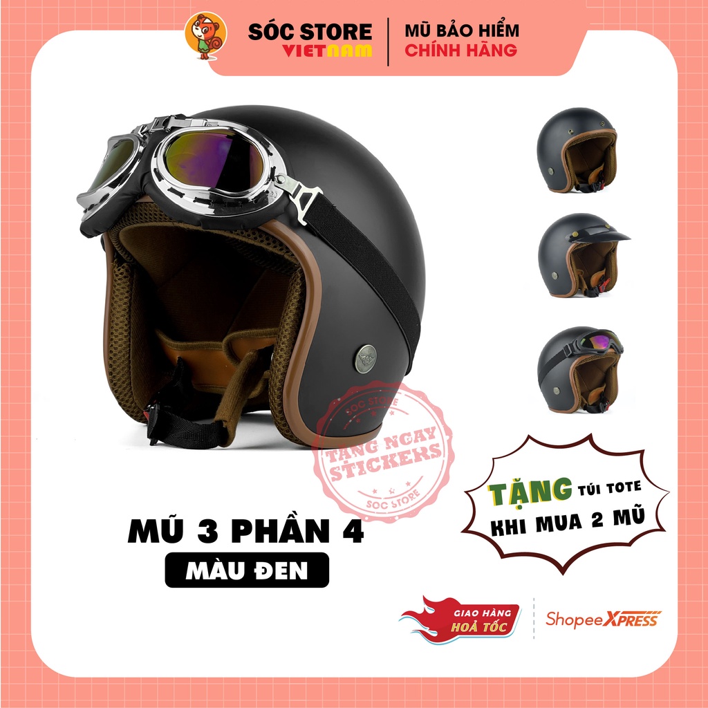 Mũ bảo hiểm 3 phần 4 chính hãng màu đen Sóc Store, nón bảo hiểm 3 phần 4 nam nữ freesize