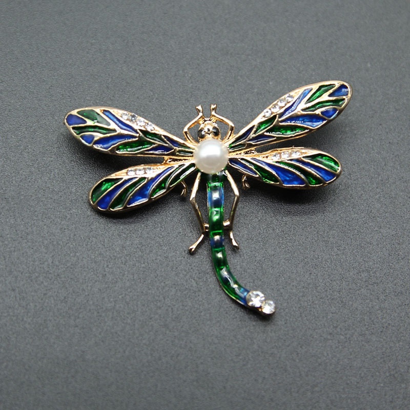 Trâm Cài Áo Hình Chuồn Chuồn Tráng Men Đính Ngọc Trai Tráng Men