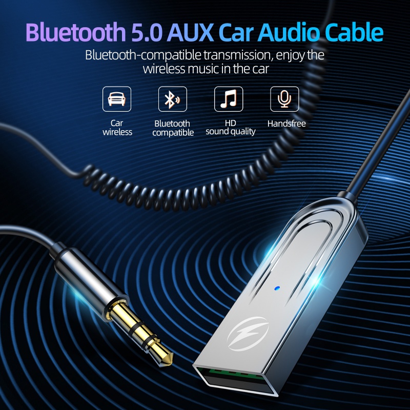 Thiết bị thu phát Bluetooth USB 5.0 Hdoorlink kèm dây cáp âm thanh AUX giắc 3.5mm cho xe hơi