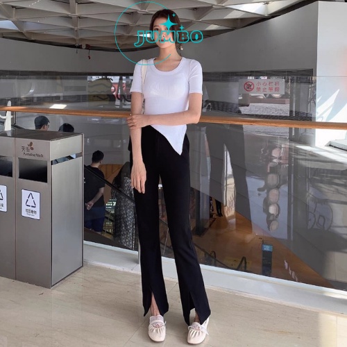 Quần ống loe xẻ gấu trước Jumbo quần tây suông ống vẩy xẻ tà li giữa cao cấp màu đen cho nữ