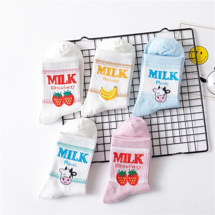 WAFNHA D31 Vớ Cotton Cổ Vừa In Họa Tiết Dâu Tây/Chuối/Dâu Tây Phong Cách Hàn Quốc Xinh Xắn Cho Nữ