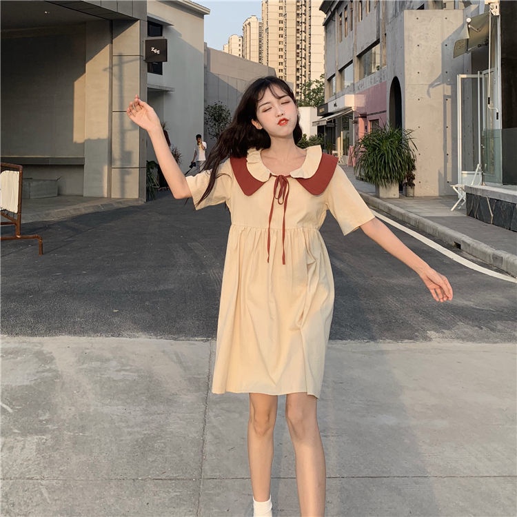 Đầm Chữ A Tay Ngắn Cổ Peter Pan Cột Dây Dáng Rộng Thiết Kế Mới Thời Trang Cho Sinh Viên