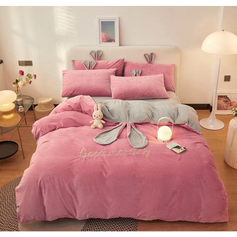 Freeship🍀Bộ chăn ga gối nỉ nhung tai thỏ cao cấp 4 món 🍀 set vỏ ấm mùa đông 💞 may chun theo yêu cầu