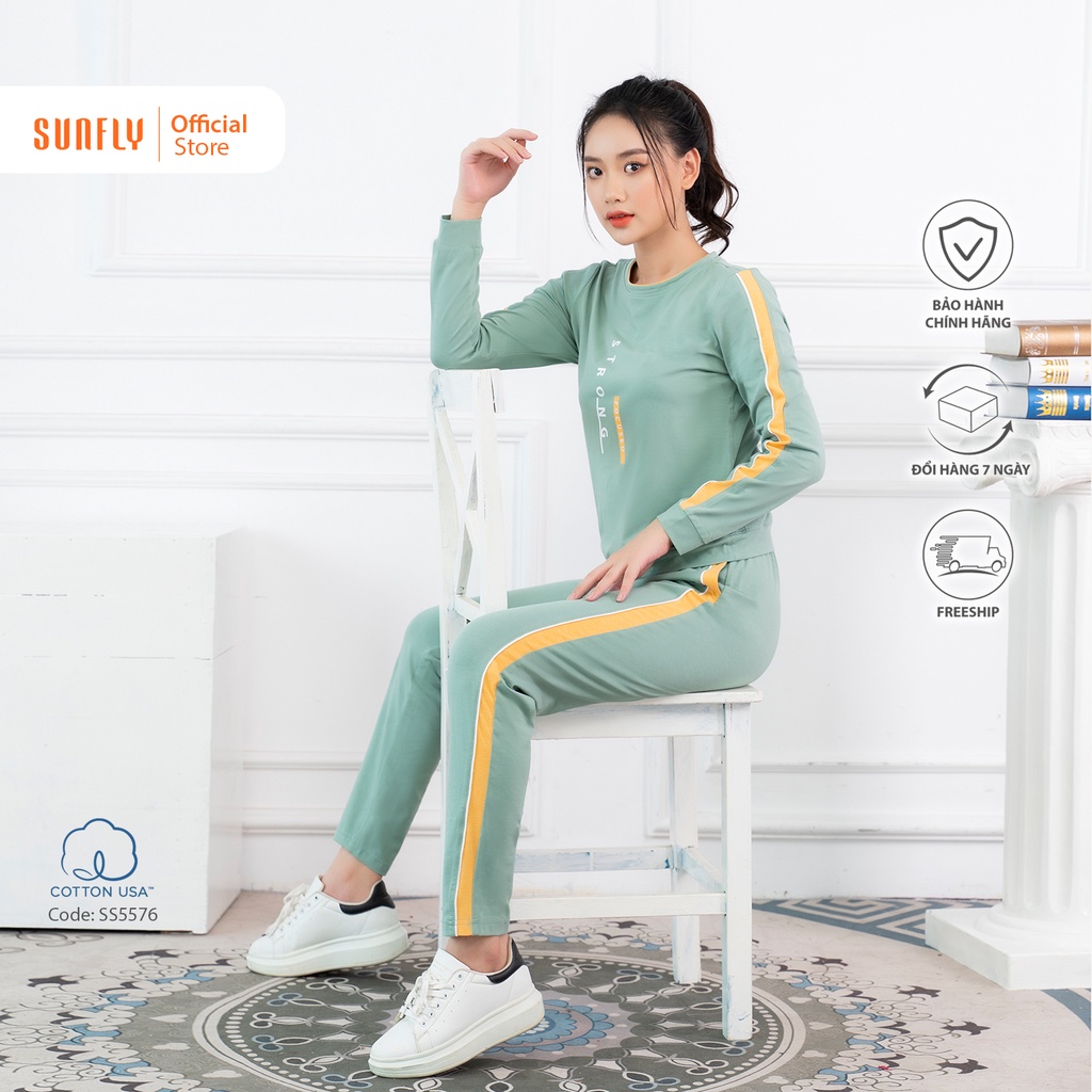 Bộ đồ mặc nhà nữ thể thao SUNFLY cotton áo dài quần dài SS5576