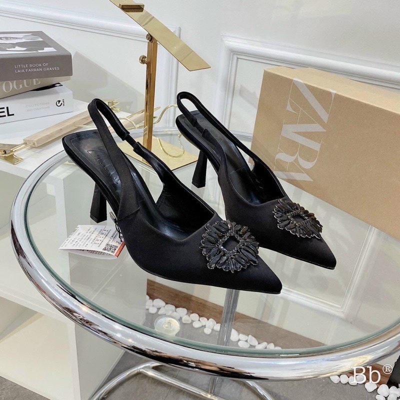 Giày cao gót nữ hoa đá đen vải lụa gót cao 7p sang chảnh