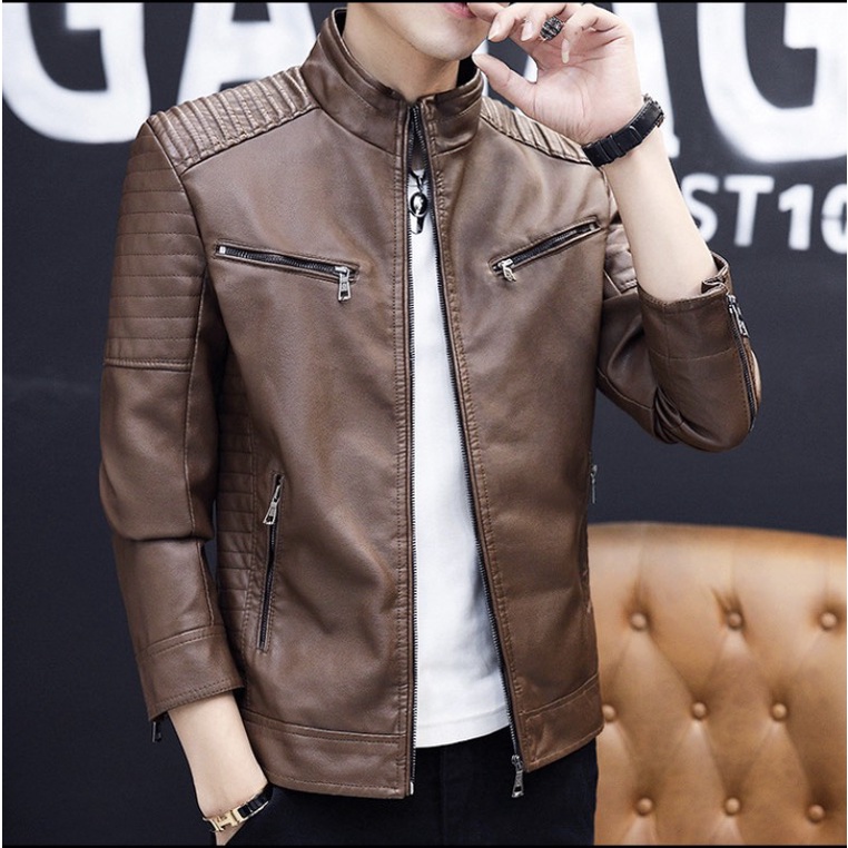 Áo da nam thời trang, áo da nam cổ trụ lót nỉ ấm