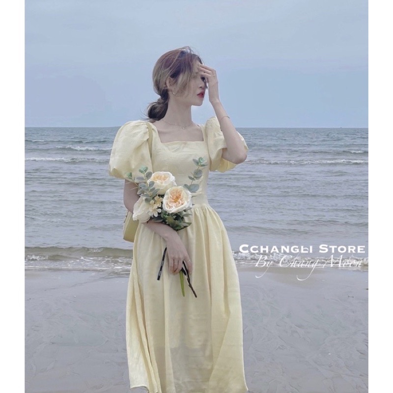 Váy đũi tay bồng cổ vuông nhiều màu