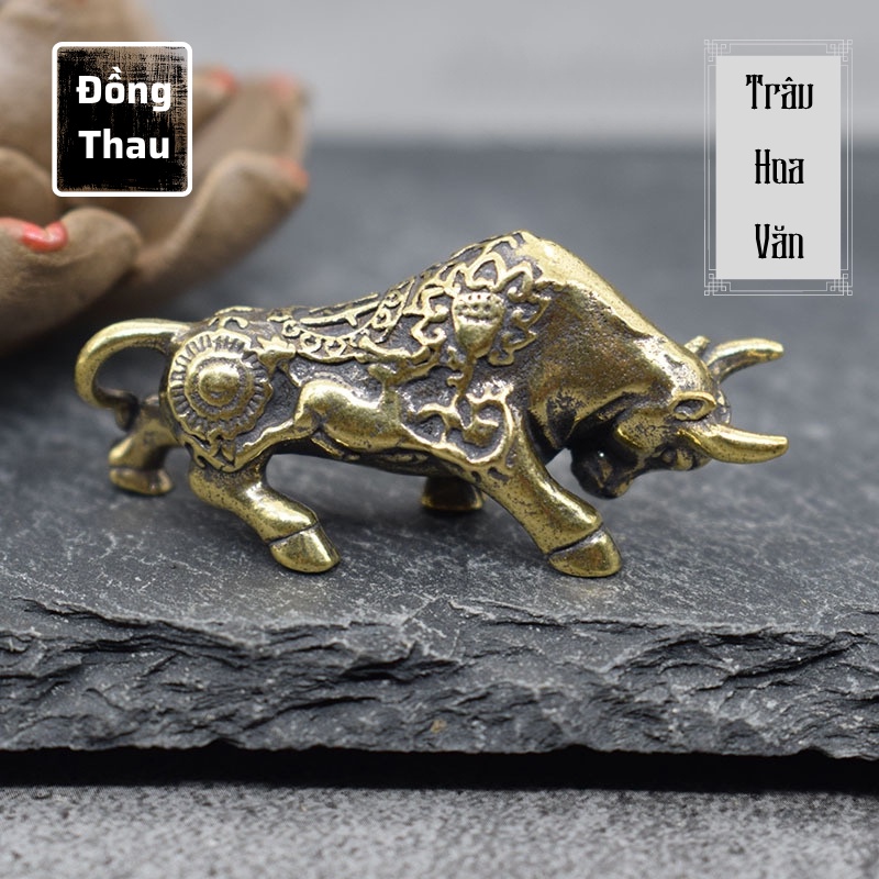 Tượng Trưng Bày Phong Thủy Bằng Đồng Hình Con Trâu Hoa Văn, Trang Trí, Đem Lại May Mắn