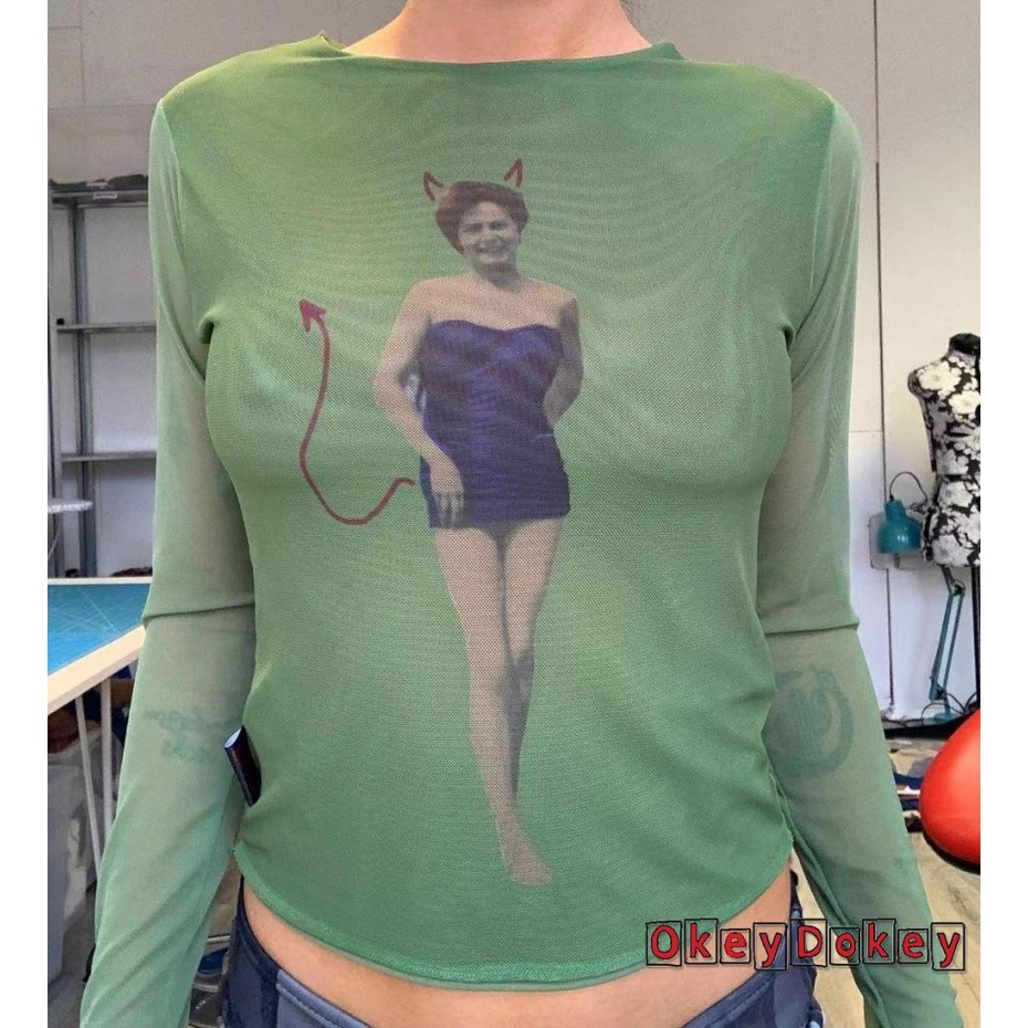 Áo Kiểu Tay Dài Phối Lưới Xuyên Thấu In Họa Tiết Người Phong Cách Vintage Gợi Cảm Y2K Cho Nữ