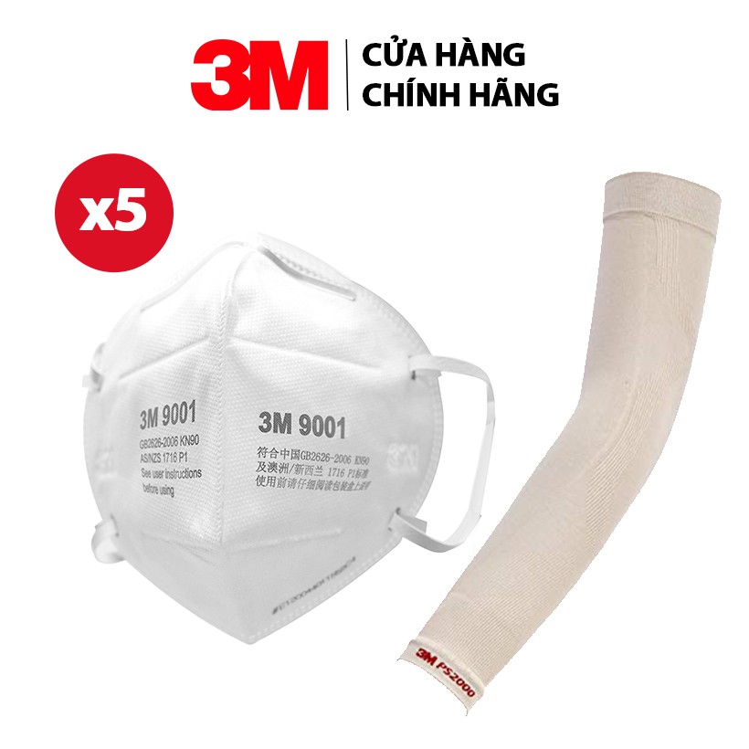 Combo 5 Khẩu trang lọc bụi khí thải chuẩn N90 3M 9001 + Ống Tay Chống Nắng & Tia UV 3M Mipan AquaX UV Protection PS2000