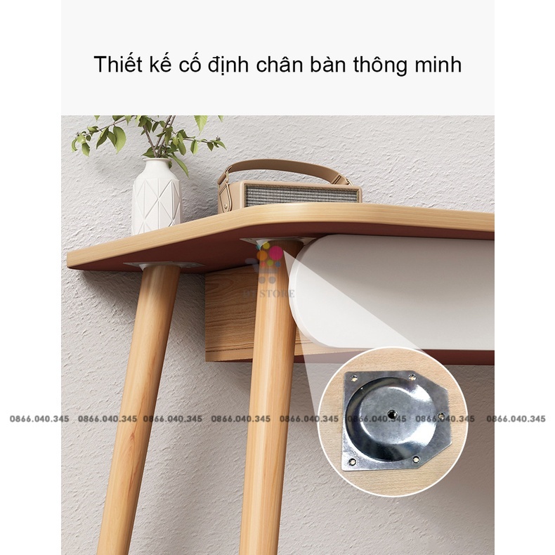 Bàn làm việc bền bỉ màu trắng gỗ MDF cao cấp, bàn học chân gỗ tự nhiên chắc chắn tích hợp hộc tủ để đồ tiện lợi