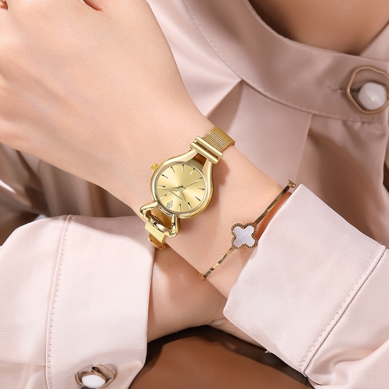 Đồng Hồ Quartz Nữ Dây Lưới Thép Không Gỉ Mạ Vàng Thời Trang