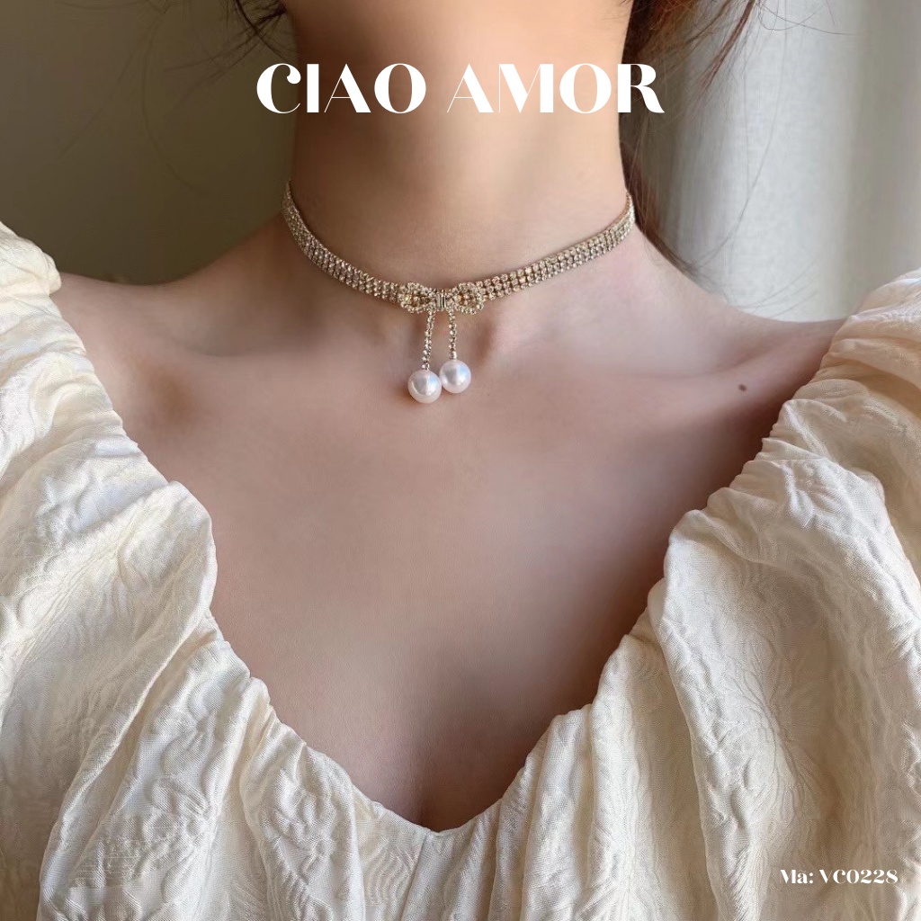 Dây chuyền nữ, vòng cổ, chocker đá 3 lớp đính nơ ngọc Trang sức Ciao Amor - VC0228