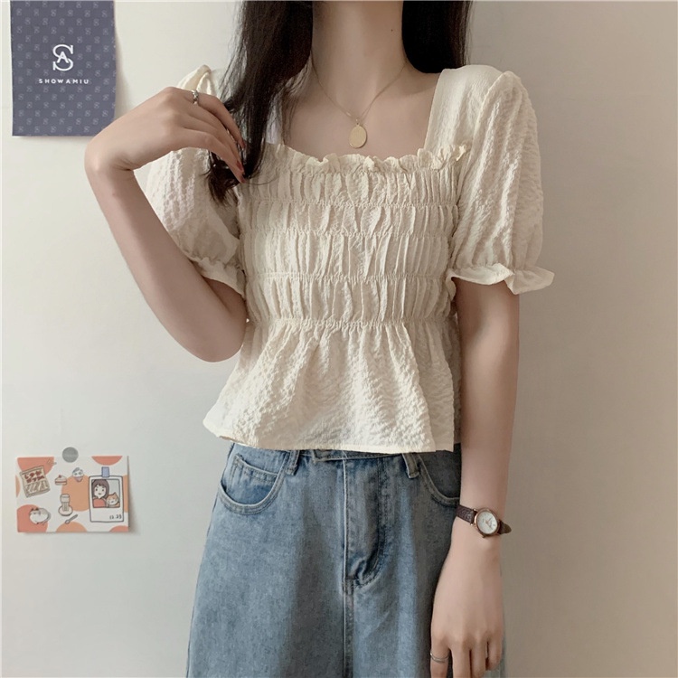 Áo chiffon WANGJIAOZHAN dáng ngắn cổ vuông tay phồng thời trang mới phong cách Hàn Quốc