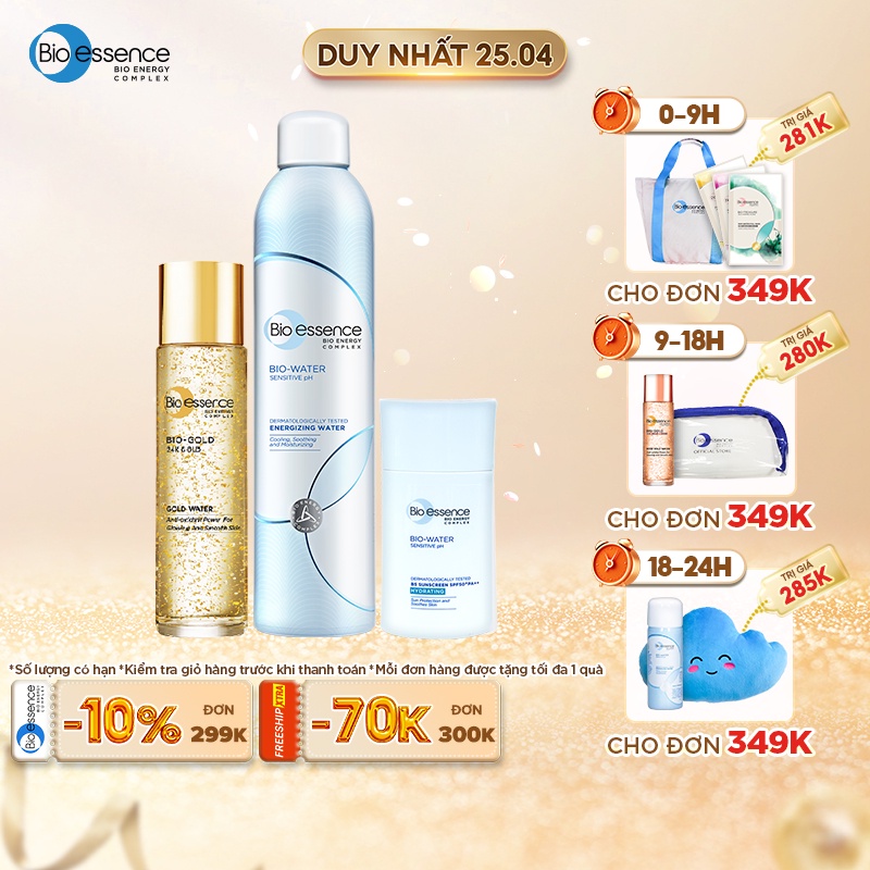 Bộ sản phẩm dưỡng da Bio-Essence(Xịt khoáng Bio-Water 300ml+Kem chống nắng Bio-Water 40ml+Nước dưỡng Bio-Gold 150ml)