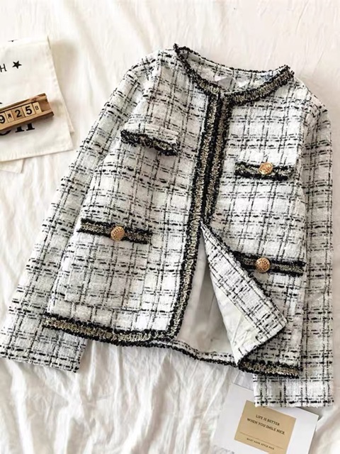 Áo khoác dạ tweed kẻ khuy vàng hàng đẹp