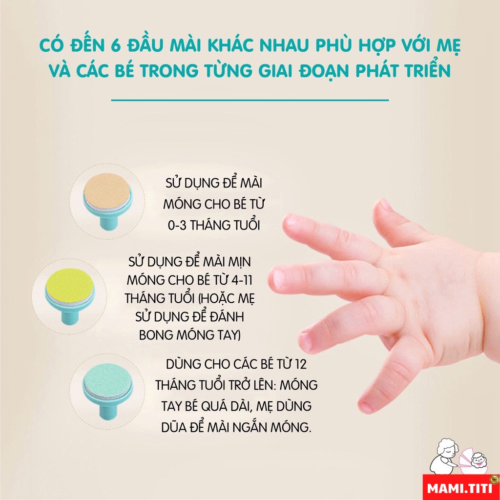 Máy mài móng, cắt móng tay chân cho bé chạy pin an toàn không gây tiếng ồn có 6 đầu thay dùng được cho cả gia đình