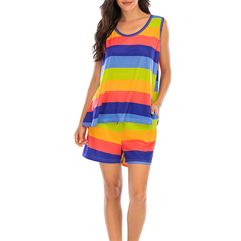 Bộ Đồ Ngủ 2 Món Áo Tank Top Sát Nách Phối Quần Short Kẻ Sọc Dễ Thương Cho Nữ