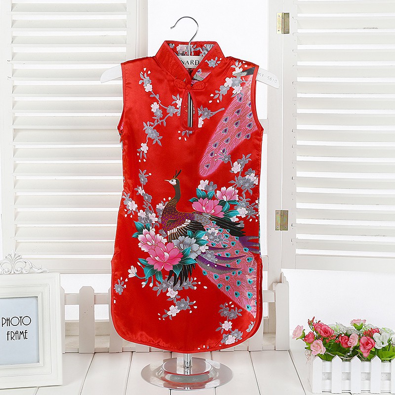 Đầm Sườn Xám Sát Nách Hoạ Tiết Chim Công Phong Cách Trung Hoa Cho Bé 3-10 Tuổi