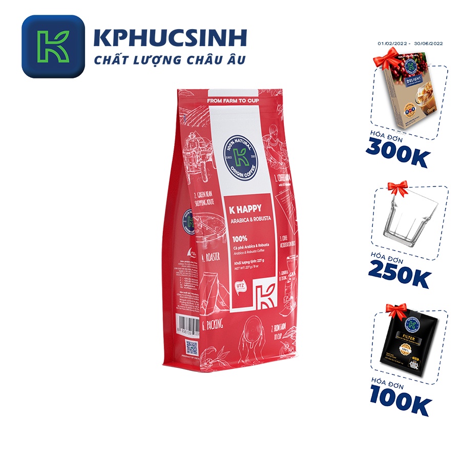 Cà phê rang xay xuất khẩu K Happy 227g/gói KPHUCSINH - Hàng Chính Hãng