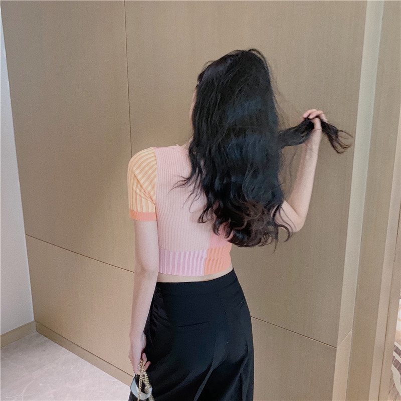 SUXI Summer fashion new striped short-sleeved knitted T-shirt