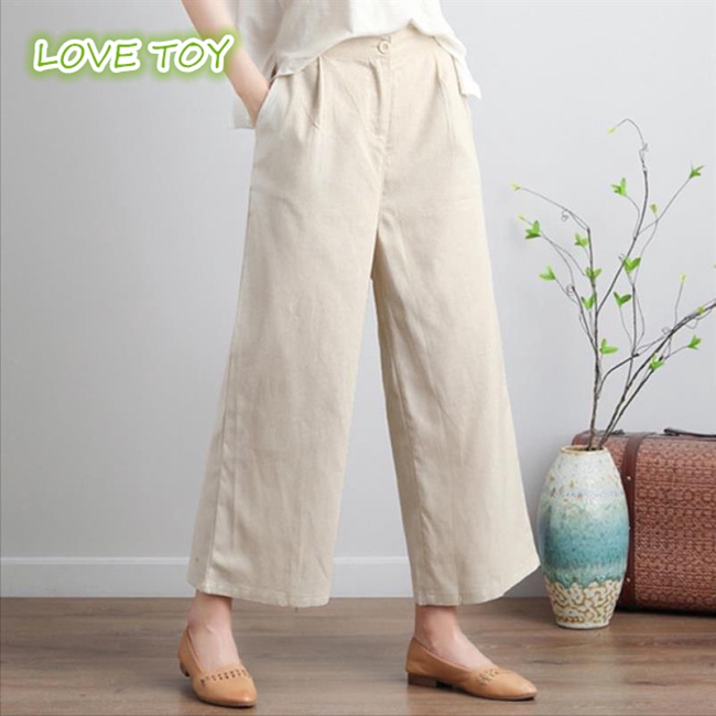 Women Fashion Cotton Linen Solid Color Thin Wide Leg Loose Ninth Pants | BigBuy360 - bigbuy360.vn