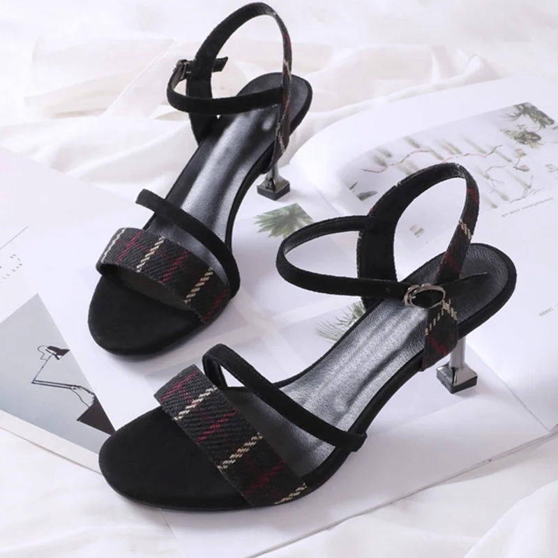 Giày sandal cao gót họa tiết sọc caro thời trang mùa hè cho nữ 2021