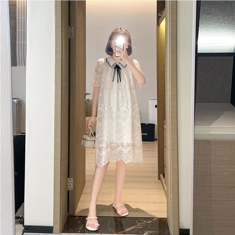 Váy đầm bầu cổ sơ mi ren thiết kế công sở, dự tiệc cho mẹ bầu phong cách hàn quốc sang trọng lịch sự mới mùa hè